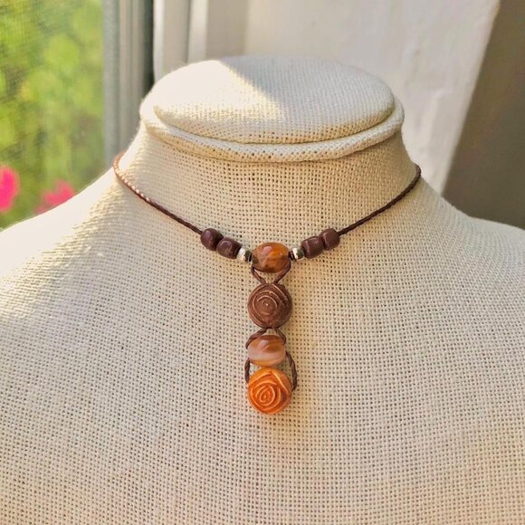 Handmade Jewelry - Earthy Grunge Coffee Orange 4 Rose Wooden Beaded Drop (Dark Brown) Necklace